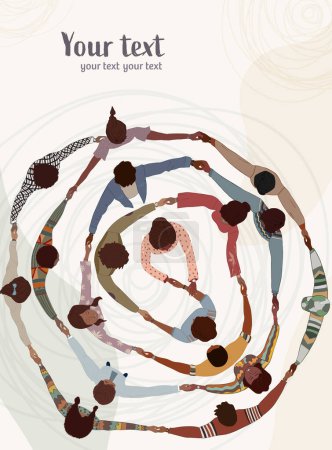 Illustration for Black skin African American men women People group holding hands in a spiral circle.Top view.Template banner poster copy space. Black history month concept.Racial equality. Identity - Royalty Free Image