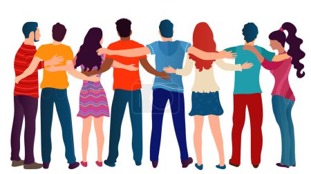 Illustration for Group of people of different culture seen from behind embracing each other.Cooperation and help between people.Care and assistance.Concept of solidarity friendship and charity.Community - Royalty Free Image
