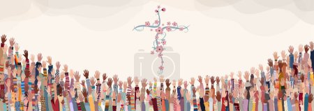 Illustration for Group of many Christians people with raised hands praying or singing. Christianity in the world.Christian worship.Concept of faith and hope in Jesus Christ. Background with floral cross - Royalty Free Image