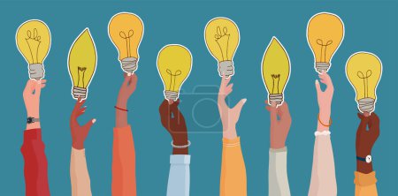 Illustration for Raised arms of diverse and multi-ethnic business people holding a light bulb shaped label as a concept of innovation or startup or collaboration or financial investment.Community concept - Royalty Free Image