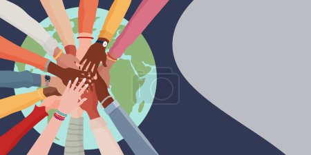 Illustration for People diversity. Arms and hands on top of each other on the globe. People of diverse race culture ethnicity and country. Integration.Coexistence.Multicultural society. Banner copy space - Royalty Free Image