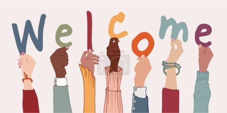 Erhobene Arme von Kollegen oder Freunden verschiedener multi-ethnischer multikultureller Menschen mit Buchstaben, die den Text - Willkommen - Gemeinschaft bilden, die durch Willkommen begrüßt. Willkommen und Toleranz. Banner