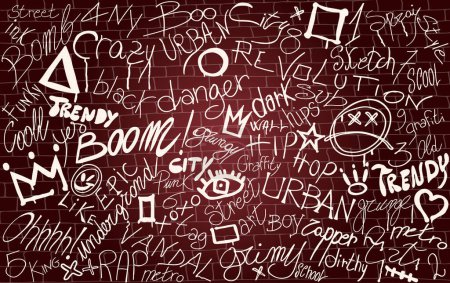 Wall with graffiti symbol writing spray-ink-tag-splash-scribble. Street art. Modern hand draw grafiti style. Dirty artistic design elements and words. Underground. Vector illustration