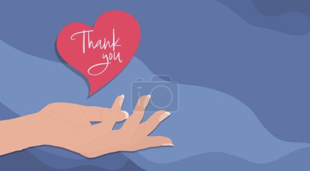 Illustration for Red heart floating with text -Thank You- on a woman open hand. Gratitude and appreciation concept. Volunteer. Banner copy space blue background - Royalty Free Image