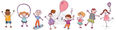 Diversity group of happy sweet kids in action playing and jumping. Kindergarten. Preschool. Funny active and joyful smiling children with cute clothes.Colorful cartoons.Stylized drawing