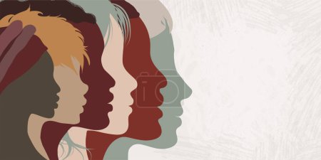 Illustration for Close up silhouette faces of multicultural multiethnic female profile women.Concept of racial equality anti-racism justice opportunities and allyship. Self-confidence. Banner copy space - Royalty Free Image