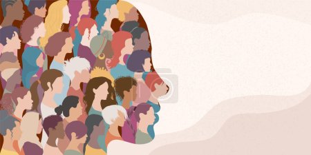 Illustration for Woman face silhouette in profile with group of multicultural and multiethnic women faces inside.Concept of racial equality anti-racism and a woman who gives voice to other women. Allyship - Royalty Free Image