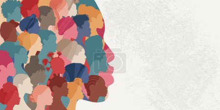 Illustration for Woman face silhouette in profile with a group of African and African American women faces inside.Concept of racial equality antiracism and a woman who gives a voice to other women. Allyship - Royalty Free Image