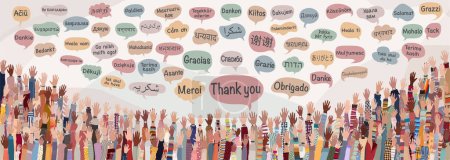 Illustration for Banner with many raised hands of people diversity from different nations and continents with speech bubbles with text -thank you- in various international languages.Communication.Equal - Royalty Free Image
