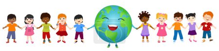 Illustration for Isolated group of diverse and multiethnic culture children and globe holding hands together for an eco planet and clean environment. Ecological and sustainable future. Energy community - Royalty Free Image