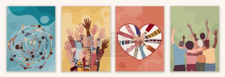 Illustration for Volunteer people group concept banner brochure poster editable template. Raised hands multicultural people.Diverse people holding hands in a circle.Solidarity.NGO Aid concept.Heart shape - Royalty Free Image