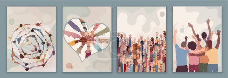 Illustration for Volunteer people group concept banner brochure poster editable template. Raised hands people diversity.Diverse people holding hands in a circle.Solidarity.NGO Aid concept.Volunteerism - Royalty Free Image