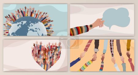 Illustration for Volunteer people group concept flyer brochure poster editable template.Multicultural people with hands raised around the earth. People diversity. NGO Aid concept. Solidarity.Heart shape - Royalty Free Image