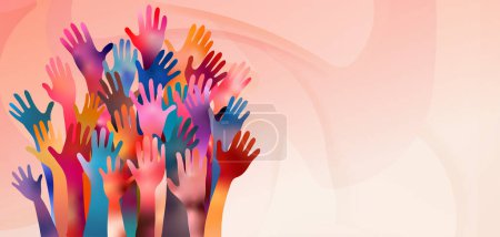 Illustration for Banner with volunteer people with raised arms. People diversity. Charitable donation. Support and assistance. Multicultural community. NGO. Aid. Help. Volunteerism. Inclusivity. Teamwork - Royalty Free Image