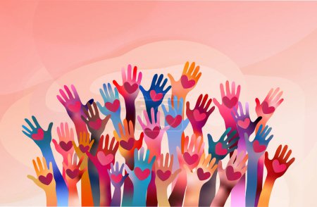 Illustration for Raised hands of volunteer people holding a heart. People diversity. Charitable donation. Support and assistance. Multicultural community. NGO. Aid. Help. Volunteerism. Teamwork. Banner - Royalty Free Image