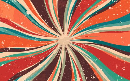 Illustration for Abstract retro dirty grunge vintage starburst. Vintage sunburst wallpaper. Swirl light rays. Old paper. Texture stripes red brown orange and turquoise. Cardboard Pattern background - Royalty Free Image
