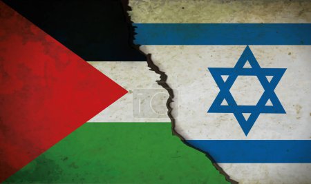 Konzept des Konflikts und der Krise zwischen Israel und der palästinensischen Hamas im Nahen Osten. Flaggen von Palästina und Israel zusammen und diagonal geteilt. Israel gegen Hama