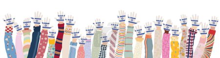 Illustration for Raised hands of multicultural children who have palms colored with the flags of Israel. Concept of solidarity towards the people of Israel. Conflict between Israel and Palestine - Royalty Free Image