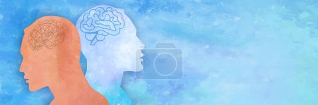 Illustration for Metaphor bipolar disorder mind mental. Double face with tangle and untangle brain. Split personality. Mood disorder. 2 Head silhouette. Psychology. Mental health. Psychiatry.Watercolor - Royalty Free Image