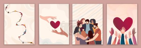 Illustration for Volunteer people group concept banner brochure poster editable template.Raised hands multicultural people.Diverse people holding hands.Solidarity.NGO Aid concept.Heart shape.Volunteerism - Royalty Free Image
