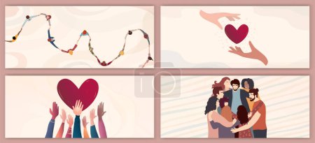 Illustration for Volunteer people group concept banner poster editable template.Raised hands multicultural people.Diverse people holding hands.Solidarity.NGO Aid concept.Heart shape.Volunteerism.Nonprofit - Royalty Free Image