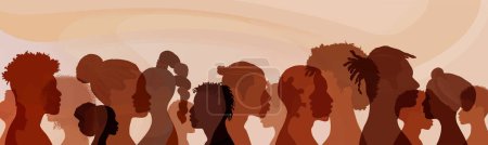 Téléchargez les illustrations : Profil silhouettes personnes afro-américaines et africaines. Groupe ethnique hommes et femmes à peau noire. Mois de l'histoire des Noirs. Égalité raciale - justice - identité - antiracisme. Bannière - en licence libre de droit