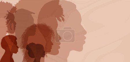 Téléchargez les illustrations : Profil silhouettes personnes afro-américaines et africaines. Mois de l'histoire des Noirs. Groupe ethnique hommes et femmes à peau noire. Égalité raciale - justice - identité - antiracisme. Bannière - en licence libre de droit