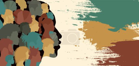 Ilustración de Silueta principal del hombre negro que contiene muchas cabezas de africanos y afroamericanos.Mes de la historia negra.Grupo étnico negro.Igualdad racial - justicia - identidad - antirracismo.Banner - Imagen libre de derechos