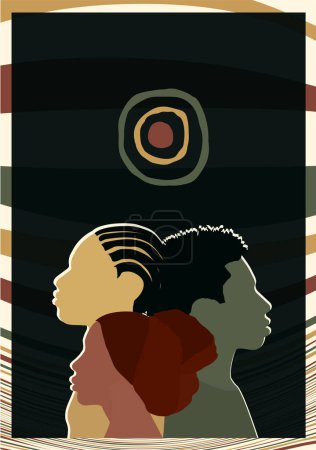 Téléchargez les illustrations : Profil silhouettes personnes afro-américaines et africaines. Mois de l'histoire des Noirs. Groupe ethnique homme et femme noirs. Égalité raciale - justice - identité - antiracisme. Espace de copie d'affiche - en licence libre de droit
