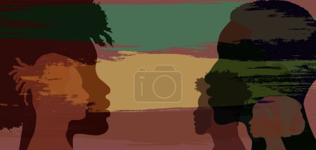 Profile silhouettes people African and African-American. Black history month event. People with black skin. Racial equality. African ethnicity. Copy space banner flag background. Inclusion