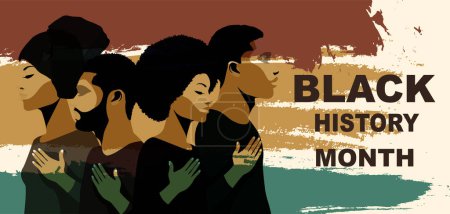 Evento del mes de historia negra. Perfil siluetas personas Africano y afroamericano. Grupo étnico hombres y mujeres negros. Igualdad racial - justicia - identidad - antirracismo - inclusión. Banner