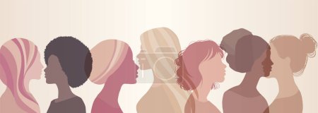 Illustration for Silhouette of a group of multicultural women. International Women s Day. Concepts of diversity inclusion equality girl power and empowerment. Banner with copy space. Pink background - Royalty Free Image