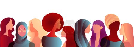 Illustration for Group silhouette of multicultural business women. International women's day. Equality Diversity - Inclusion - or Empowerment concept. Colleagues or co-workers. Banner copy space - Royalty Free Image