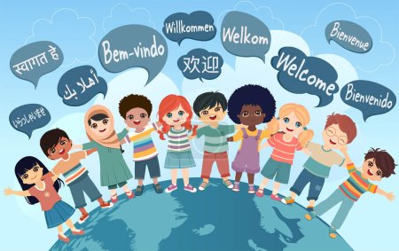 Enfants multiculturels embrassant et venant de différents pays et continents. Bulles vocales avec texte Accueillez-les dans différentes langues internationales. Égalité - diversité - inclusion