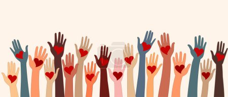 Erhobene Hände freiwilliger Menschen, die ein Herz haben. Die Menschen sind vielfältig. Wohltätigkeit und Spenden. Unterstützung und Unterstützung. Multikulturelle Gemeinschaft. Nichtregierungsorganisation. Hilfe. Hilfe. Ehrenamt, Teamarbeit. Banner