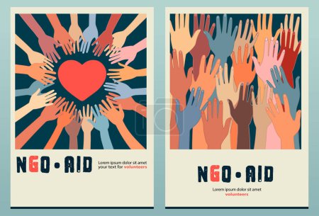 Illustration for Raised hands in circle of volunteer people around a heart. People diversity. Charitable and donation. Support and assistance. NGO. Aid. Help. Volunteerism. Poster or Banner copy space - Royalty Free Image