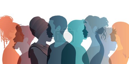 Illustration for Group Multicultural silhouette people side-view. Community of colleagues or collaborators. Bargain agreement or pact concept. Co-workers. Harmony. Diversity equality inclusion. Banner - Royalty Free Image