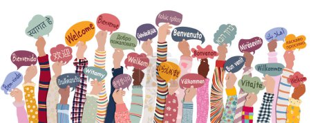 Many hands raised of diverse and multicultural children and teens holding speech bubbles with text Welcome in various international languages. Diversity kids. Communication