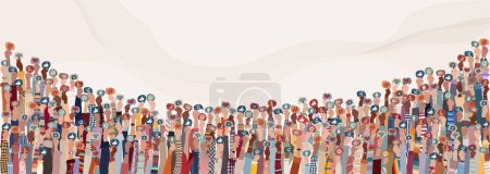 Many raised hands of multicultural people holding speech bubble with social media signs and symbols. Concept sharing friendship exchange community communication on social media. Banner