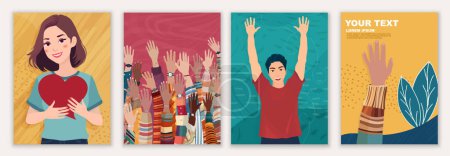 Illustration for Leaflet - cover with group of volunteer multicultural people - editable poster template. Charity and solidarity donation. Community of volunteers. Voluntary concept - Royalty Free Image