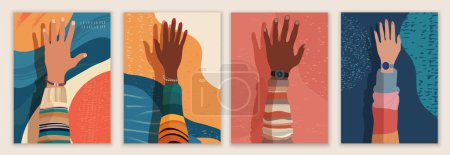 Creative leaflet - poster design with raised hands of multicultural volunteers.Recruitment volunteer. Non profit.Volunteerism.NGO Aid.Call for volunteers template.Charity and solidarity