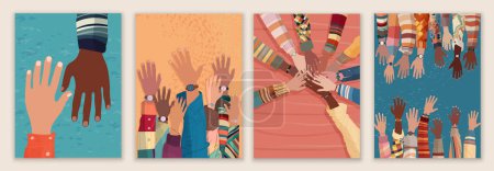Affiche créative - conception de dépliants avec les mains levées de bénévoles multiculturels.Recrutement de bénévoles. Non profitable.Volunteerism.NGO Aid.Call for volunteers template.Charity and solidarity