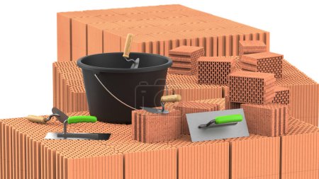Photo for Spatula, container with mortar on a pallet with bricks. - Royalty Free Image
