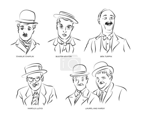 Illustration for Skecth illustration of silent film comedy actors. - Royalty Free Image