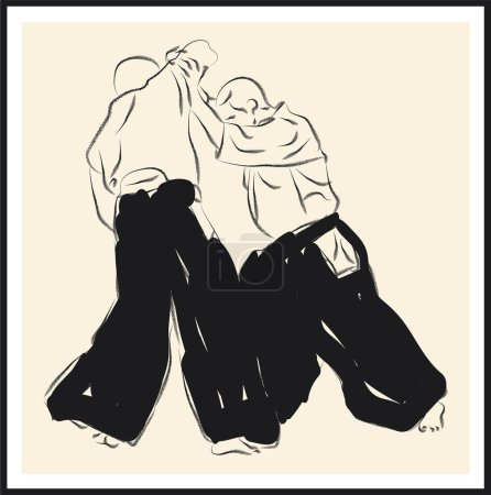 Aikido artes marciales luchadores vector dibujo.