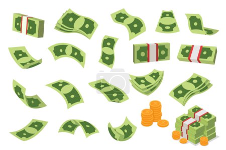 Various dollars illustration flat set. Flying dollars banknotes. Vector cartoon illustration 