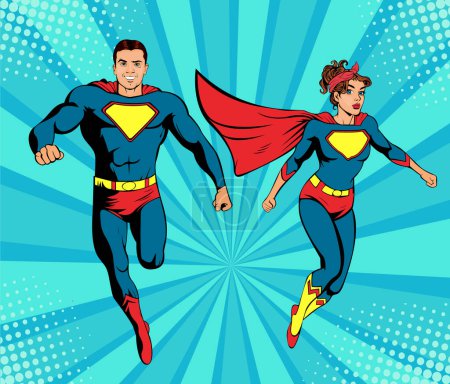 Illustration for Male and female superheroes. Strong businessman and businesswoman. Success vector illustration in pop art retro comic style. - Royalty Free Image