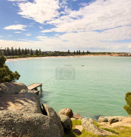 View over the jetty on a sunny day at Horseshoe Bay in Port Elliot on the Fleurieu Peninsula, South Australia