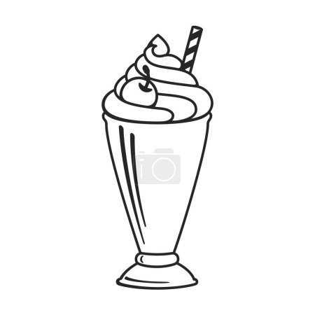 Téléchargez les photos : Milkshake avec crème fouettée et cerise sur le dessus dans une barre de lait rétro verre à dessert comme illustration vectorielle contour - en image libre de droit