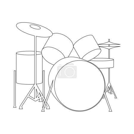 Detailed drum kit vector illustration in black and white line art style